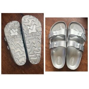 Mudd Women Y2K Sz 7.5-8 Double-Buckle EVA slipon slide Sandals Silver metallic